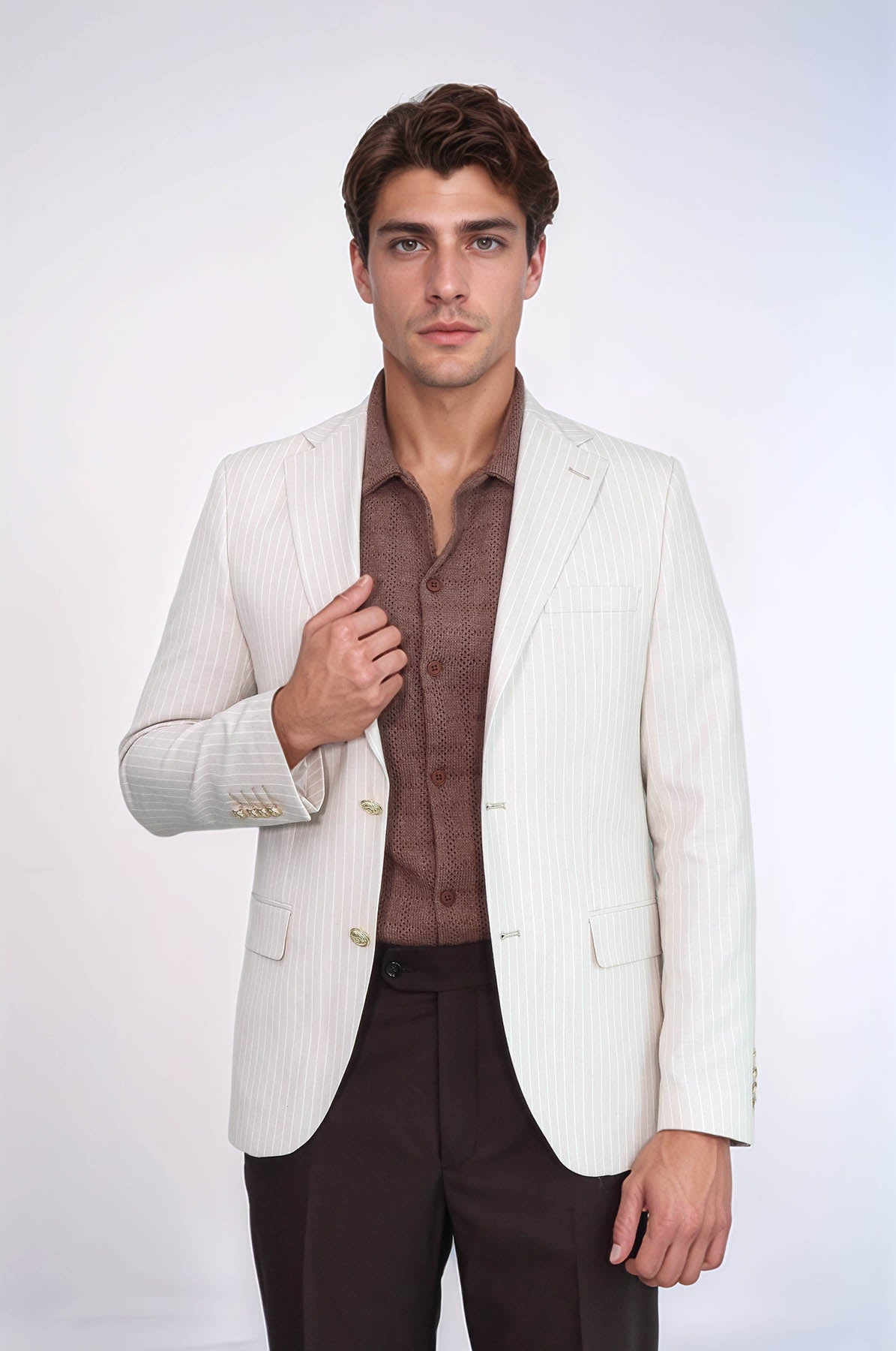 KOALA SYDNEY  Cream Striped Linen Gold Metal Button Slim Fit Men's Blazer Jacket