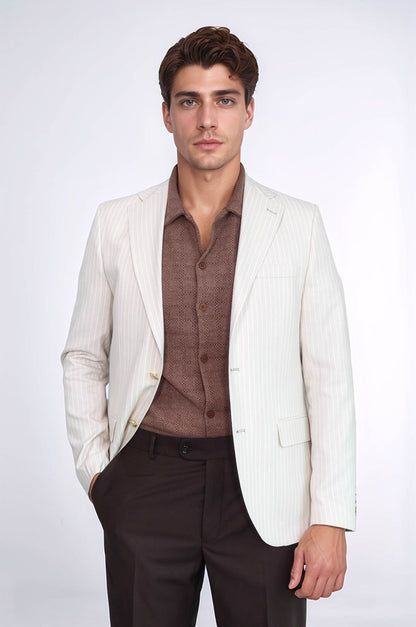 KOALA SYDNEY  Cream Striped Linen Gold Metal Button Slim Fit Men's Blazer Jacket