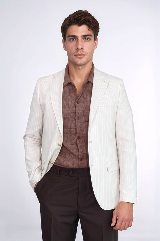 KOALA SYDNEY  Cream Striped Linen Gold Metal Button Slim Fit Men's Blazer Jacket