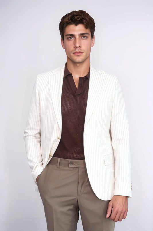 KOALA SYDNEY  Ecru Striped Linen Gold Metal Button Slim Fit Men's Blazer Jacket