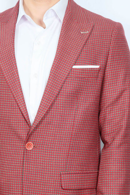 Patterned Claret Red Slim-Fit Blazer - Wessi