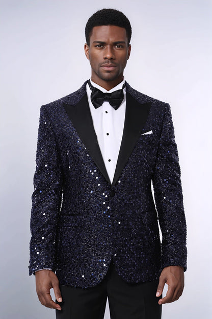 Navy Blue Sequin Patterned Party Blazer