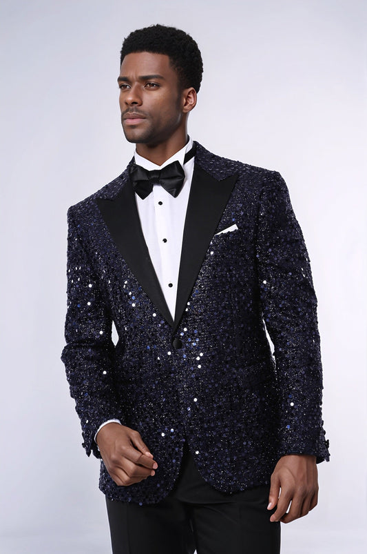 Navy Blue Sequin Patterned Party Blazer