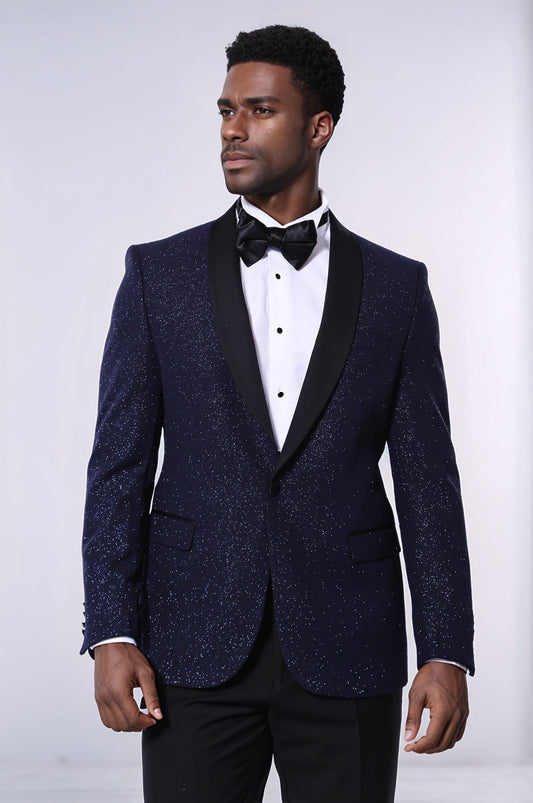 Shawl Lapel Navy Blue Men Sparkly Blazer - Wessi