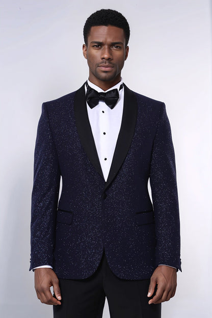 Shawl Lapel Navy Blue Men Sparkly Blazer