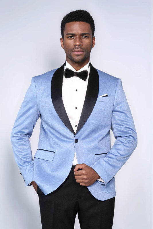 Shawl Lapel Sky Blue Men Wedding Groom Blazer - Wessi