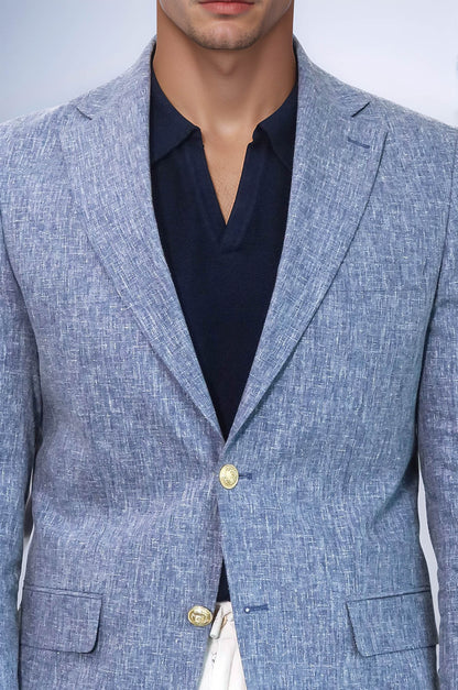 KOALA SYDNEY  Dark Blue Textured Linen-Feel Gold Metal Button Slim Fit Men's Blazer Jacket