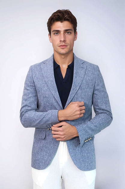 KOALA SYDNEY  Dark Blue Textured Linen-Feel Gold Metal Button Slim Fit Men's Blazer Jacket