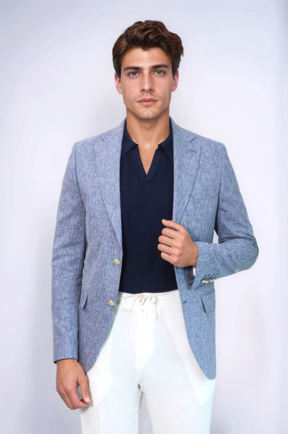 KOALA SYDNEY  Dark Blue Textured Linen-Feel Gold Metal Button Slim Fit Men's Blazer Jacket