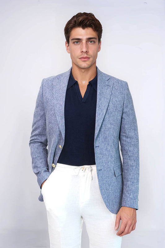 KOALA SYDNEY  Dark Blue Textured Linen-Feel Gold Metal Button Slim Fit Men's Blazer Jacket
