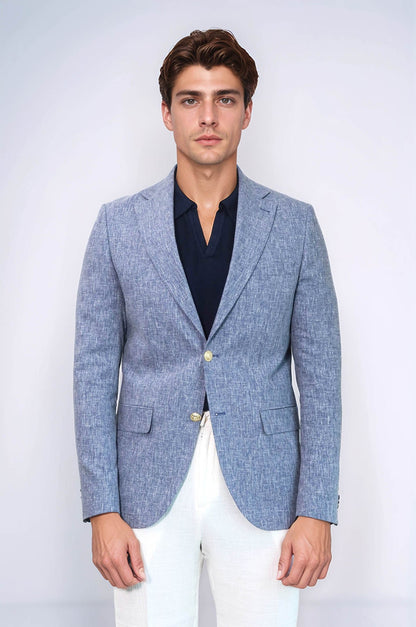 KOALA SYDNEY  Dark Blue Textured Linen-Feel Gold Metal Button Slim Fit Men's Blazer Jacket
