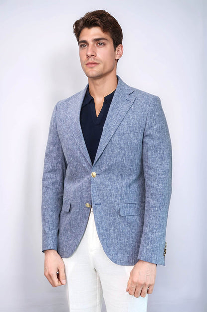 KOALA SYDNEY  Dark Blue Textured Linen-Feel Gold Metal Button Slim Fit Men's Blazer Jacket