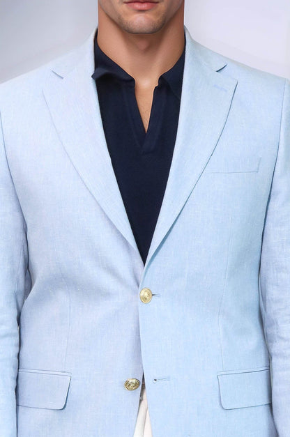 KOALA SYDNEY  Light Blue Textured Linen-Feel Gold Metal Button Slim Fit Men's Blazer Jacket