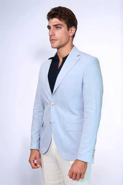KOALA SYDNEY  Light Blue Textured Linen-Feel Gold Metal Button Slim Fit Men's Blazer Jacket