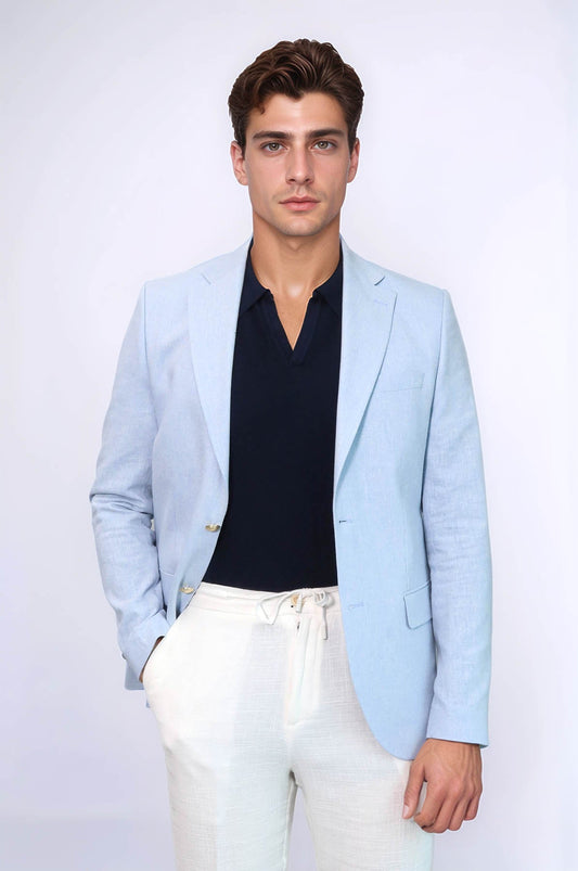 KOALA SYDNEY  Light Blue Textured Linen-Feel Gold Metal Button Slim Fit Men's Blazer Jacket