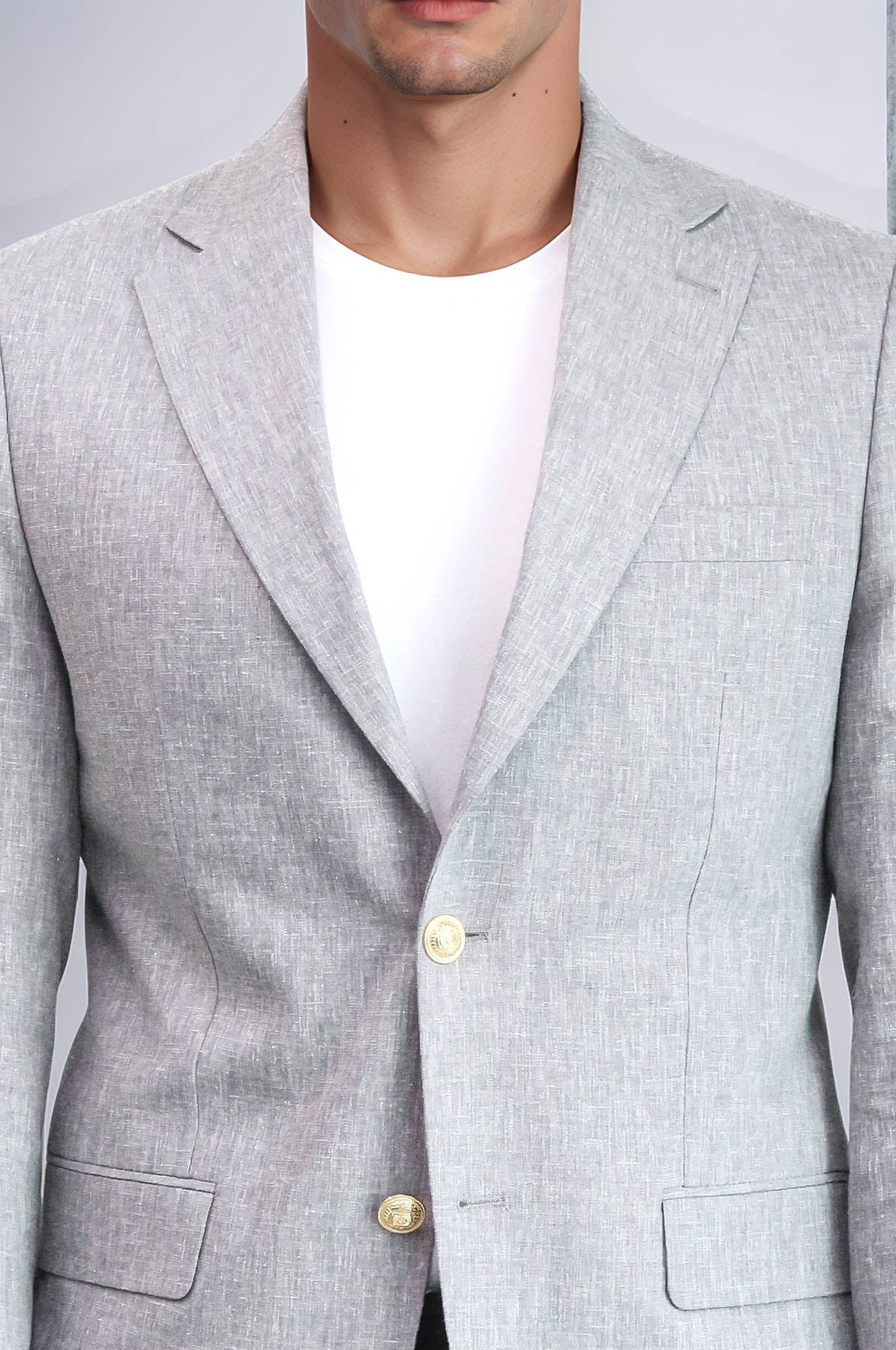 KOALA SYDNEY  Grey Textured Linen-Feel Gold Metal Button Slim Fit Men's Blazer Jacket