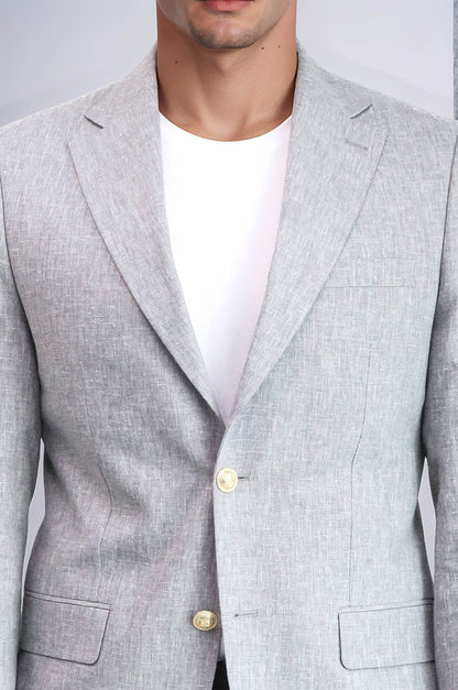 KOALA SYDNEY  Grey Textured Linen-Feel Gold Metal Button Slim Fit Men's Blazer Jacket