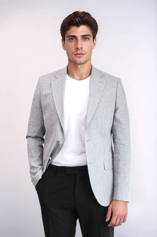 KOALA SYDNEY  Grey Textured Linen-Feel Gold Metal Button Slim Fit Men's Blazer Jacket