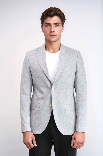 KOALA SYDNEY  Grey Textured Linen-Feel Gold Metal Button Slim Fit Men's Blazer Jacket