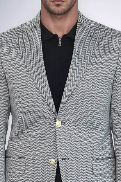 KOALA SYDNEY  Black Herringbone Pattern Gold Metal Button Slim Fit Men's Blazer Jacket