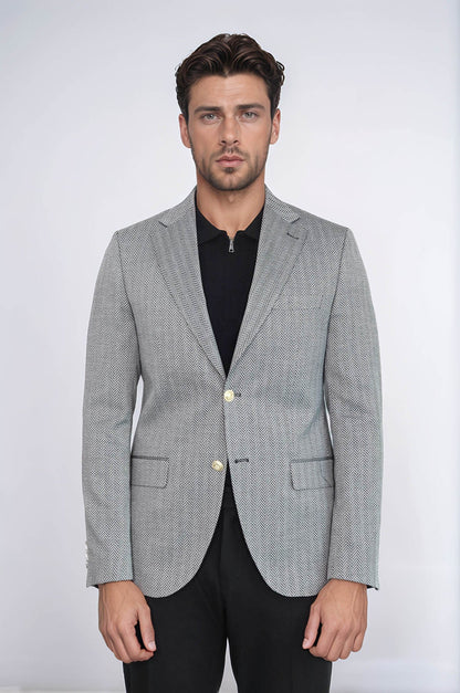 KOALA SYDNEY  Black Herringbone Pattern Gold Metal Button Slim Fit Men's Blazer Jacket