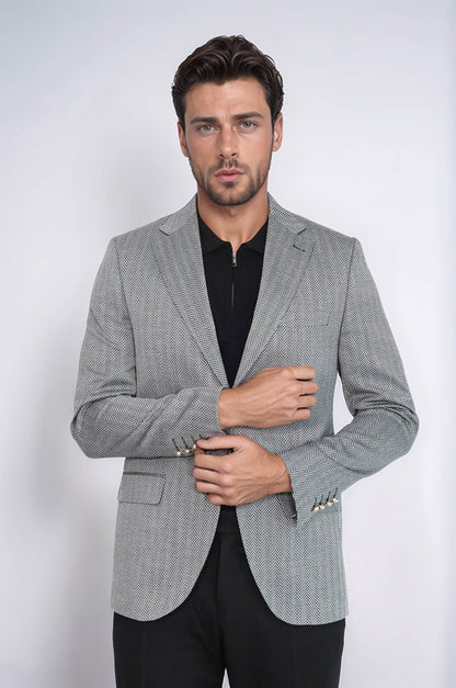 KOALA SYDNEY  Black Herringbone Pattern Gold Metal Button Slim Fit Men's Blazer Jacket