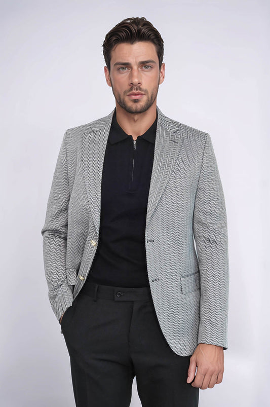 KOALA SYDNEY  Black Herringbone Pattern Gold Metal Button Slim Fit Men's Blazer Jacket