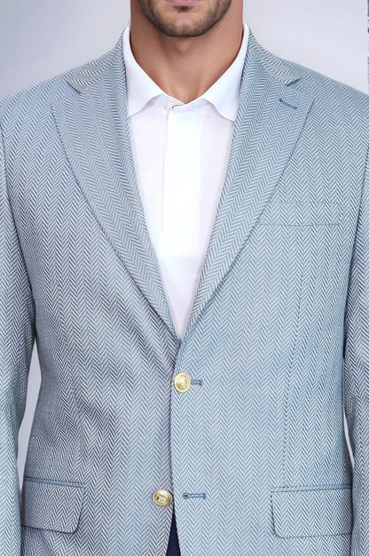 KOALA SYDNEY  Light Blue Herringbone Pattern Gold Metal Button Slim Fit Men's Blazer Jacket
