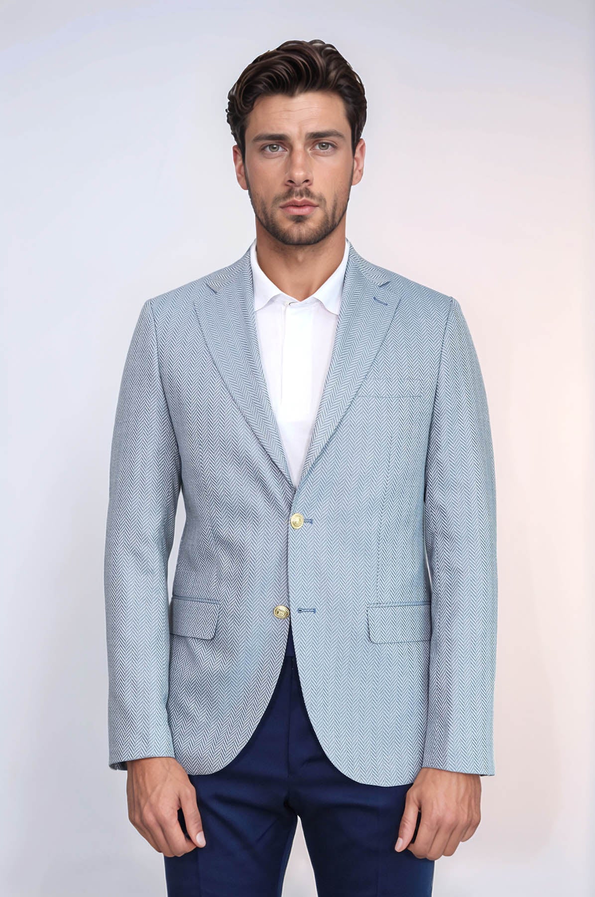 KOALA SYDNEY  Light Blue Herringbone Pattern Gold Metal Button Slim Fit Men's Blazer Jacket