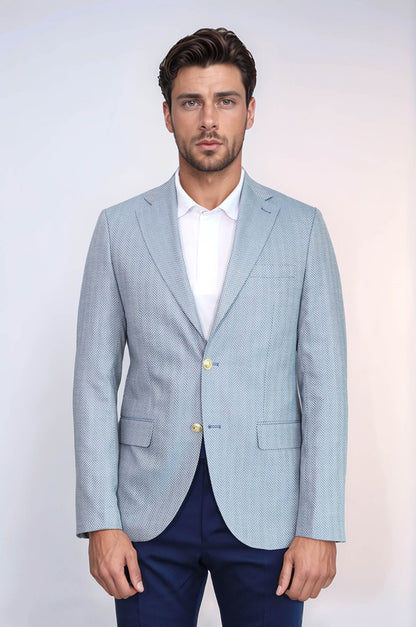 KOALA SYDNEY  Light Blue Herringbone Pattern Gold Metal Button Slim Fit Men's Blazer Jacket