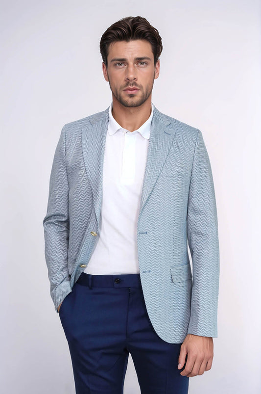 KOALA SYDNEY  Light Blue Herringbone Pattern Gold Metal Button Slim Fit Men's Blazer Jacket