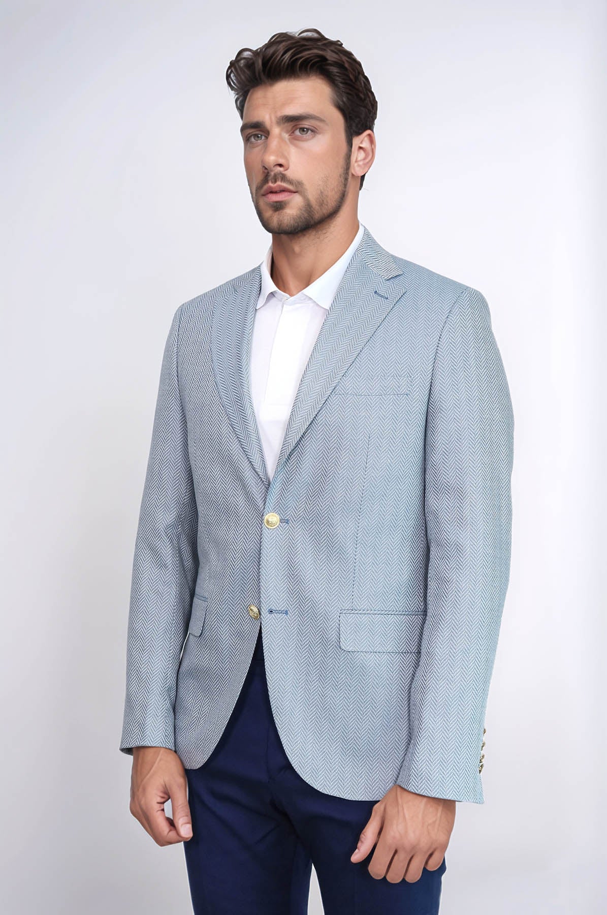KOALA SYDNEY  Light Blue Herringbone Pattern Gold Metal Button Slim Fit Men's Blazer Jacket