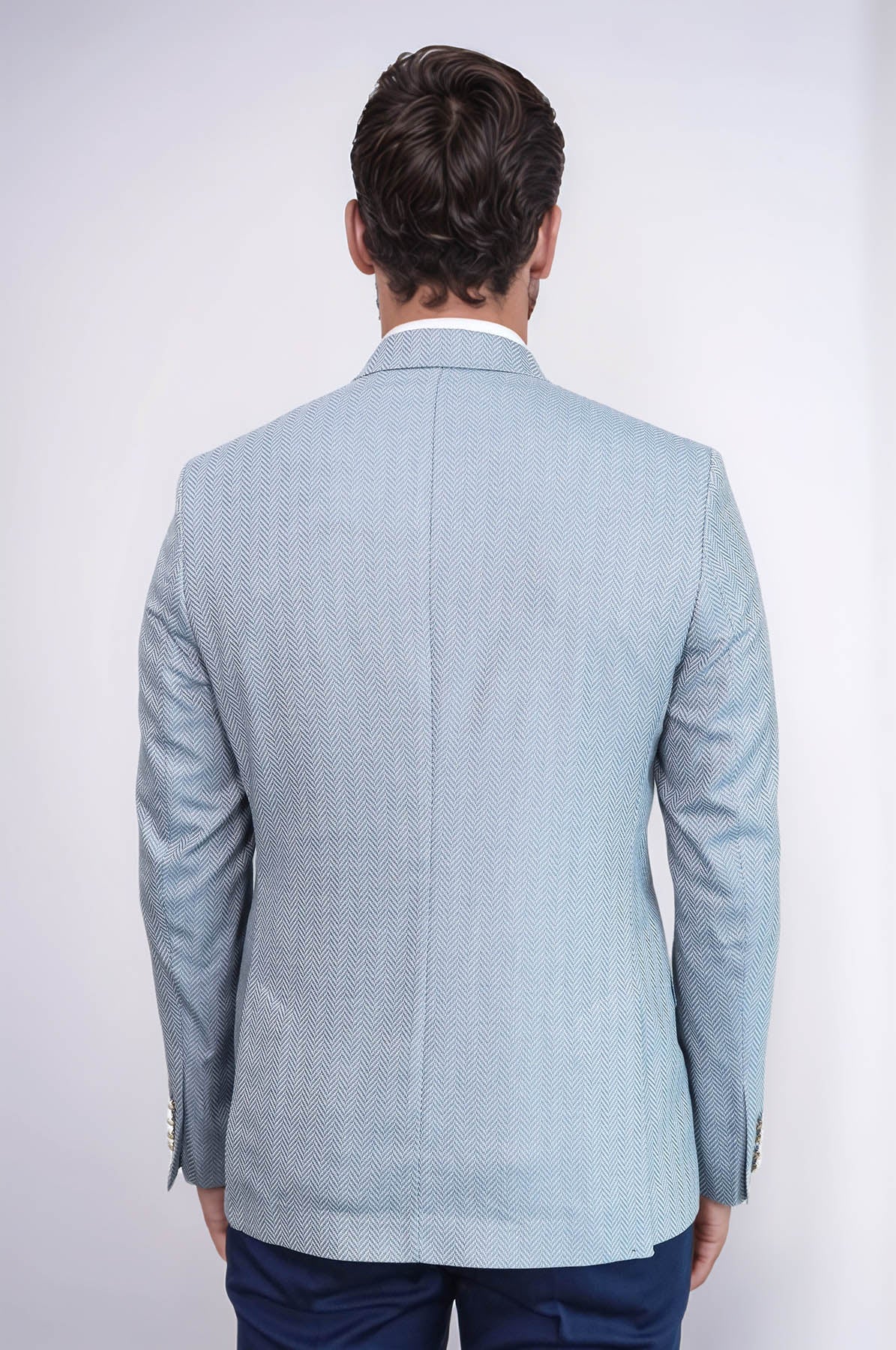KOALA SYDNEY  Light Blue Herringbone Pattern Gold Metal Button Slim Fit Men's Blazer Jacket