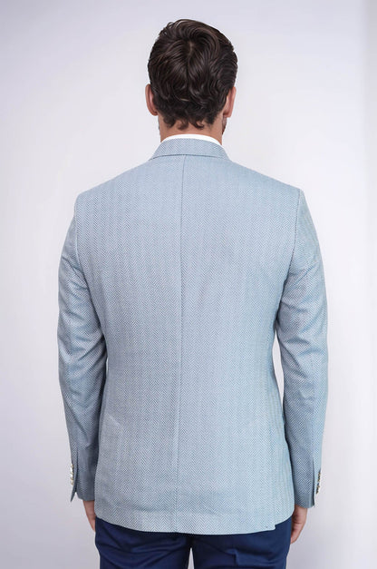 KOALA SYDNEY  Light Blue Herringbone Pattern Gold Metal Button Slim Fit Men's Blazer Jacket