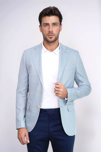 KOALA SYDNEY  Light Blue Herringbone Pattern Gold Metal Button Slim Fit Men's Blazer Jacket
