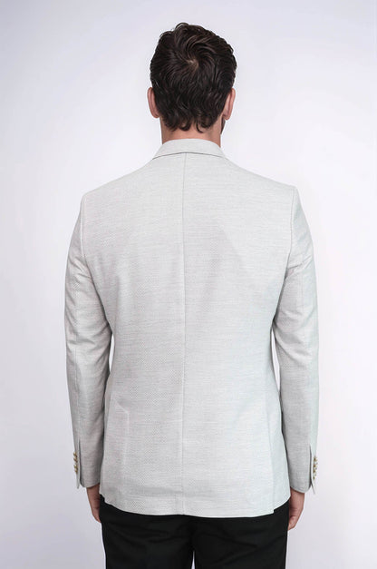 Light Grey Herringbone Pattern Gold Metal Button Slim Fit Men's Blazer Jacket