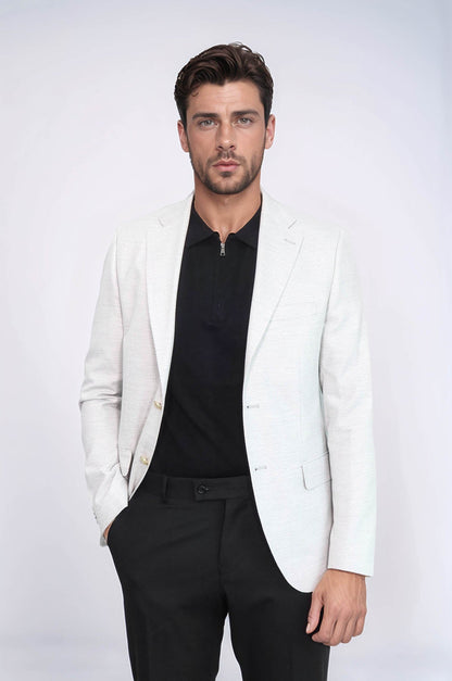 Light Grey Herringbone Pattern Gold Metal Button Slim Fit Men's Blazer Jacket
