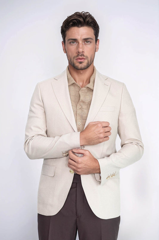 Beige Herringbone Pattern Gold MetalButton Slim Fit Men's Blazer Jacket