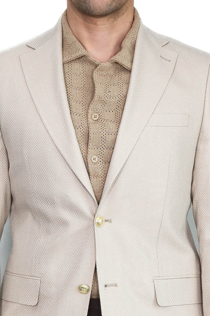 Beige Herringbone Pattern Gold MetalButton Slim Fit Men's Blazer Jacket