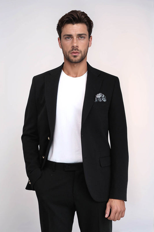 KOALA SYDNEY  Black Textured Gold Metal Button Slim Fit Men's Blazer Jacket