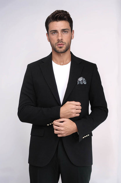 KOALA SYDNEY  Black Textured Gold Metal Button Slim Fit Men's Blazer Jacket