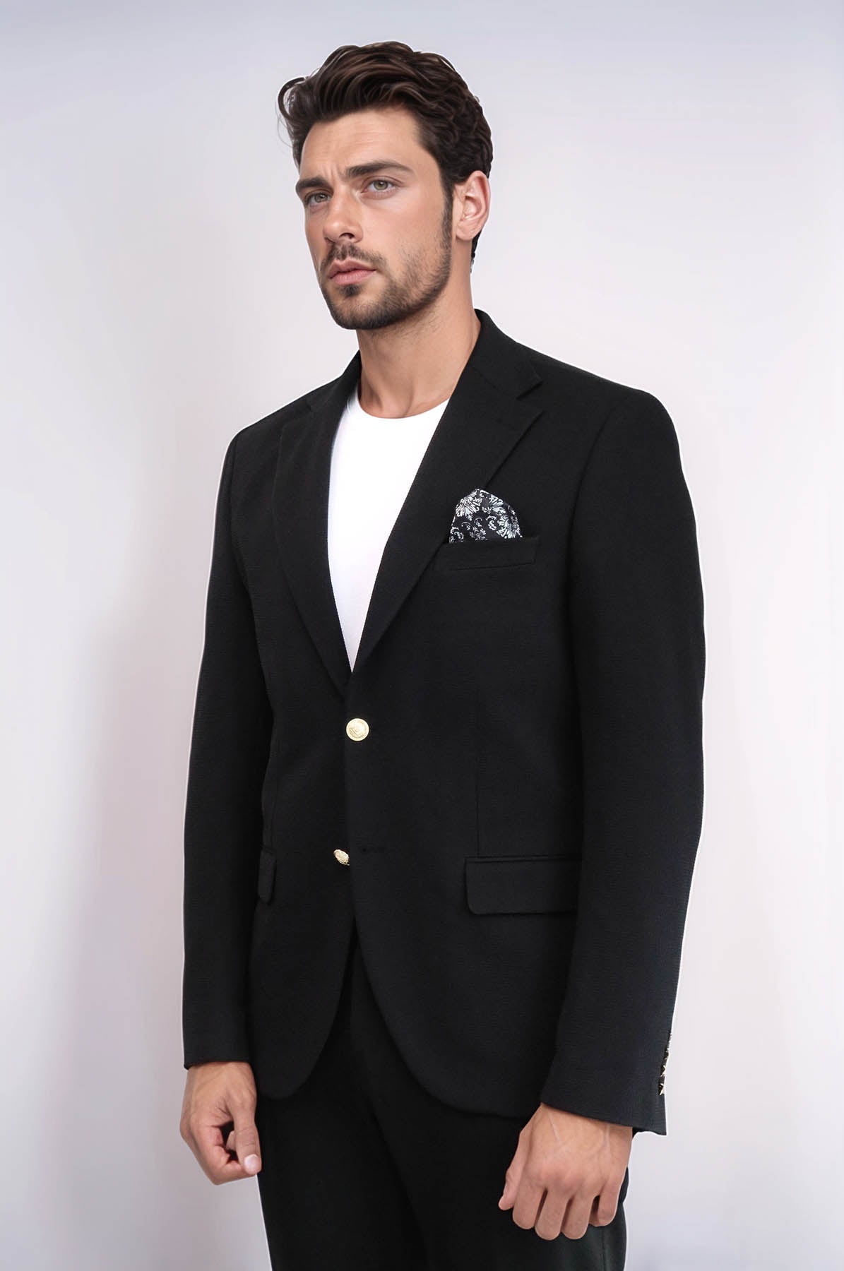 KOALA SYDNEY  Black Textured Gold Metal Button Slim Fit Men's Blazer Jacket