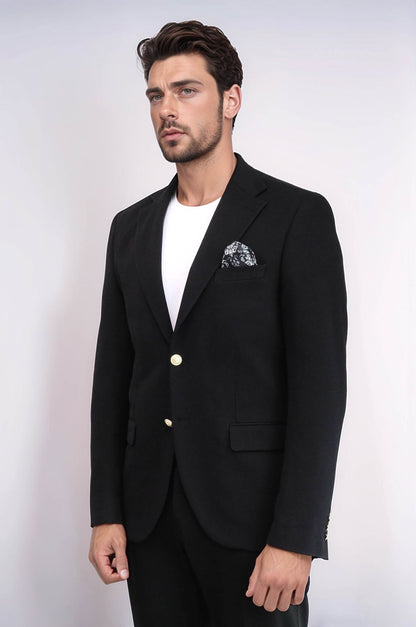 KOALA SYDNEY  Black Textured Gold Metal Button Slim Fit Men's Blazer Jacket