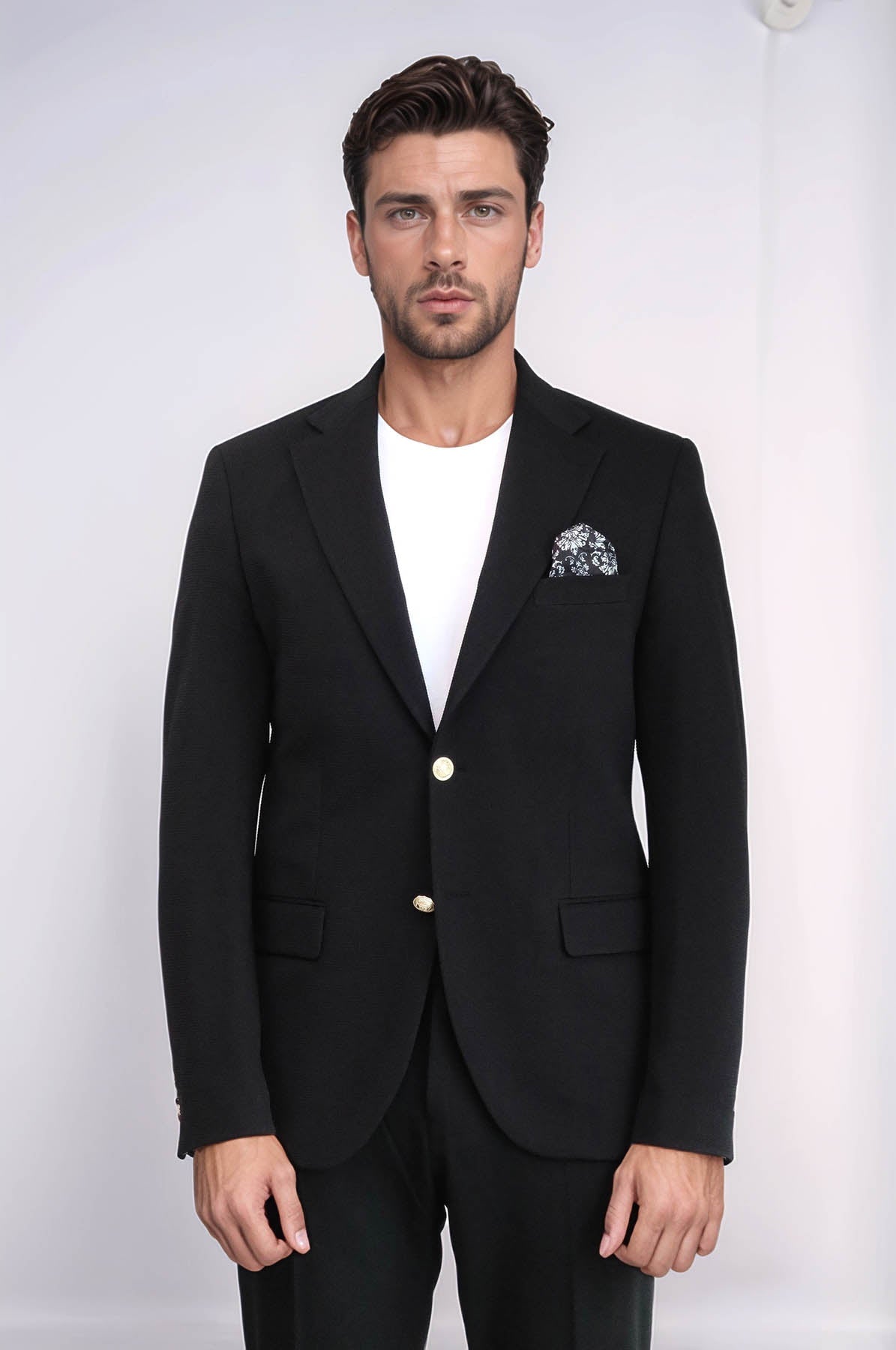 KOALA SYDNEY  Black Textured Gold Metal Button Slim Fit Men's Blazer Jacket