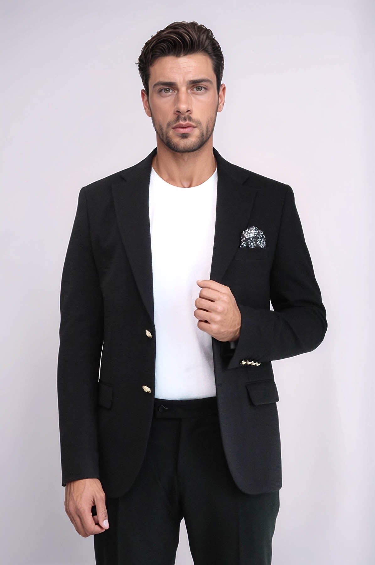 KOALA SYDNEY  Black Textured Gold Metal Button Slim Fit Men's Blazer Jacket