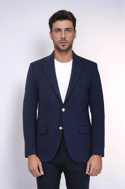 Navy Blue Textured Gold Metal Button Slim Fit Men's Blazer Jacket