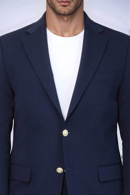 Navy Blue Textured Gold Metal Button Slim Fit Men's Blazer Jacket