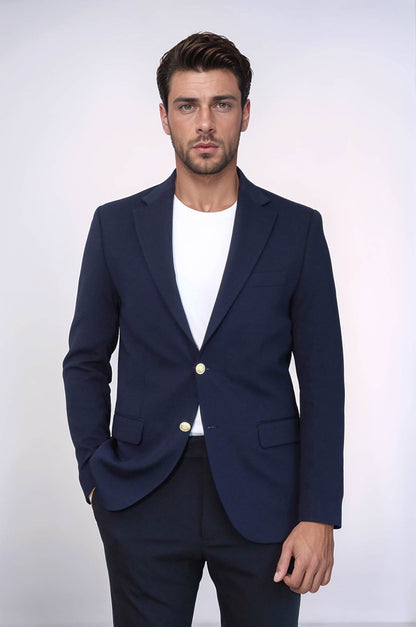 Navy Blue Textured Gold Metal Button Slim Fit Men's Blazer Jacket