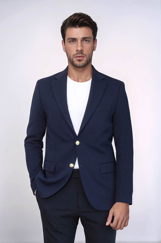 Navy Blue Textured Gold Metal Button Slim Fit Men's Blazer Jacket