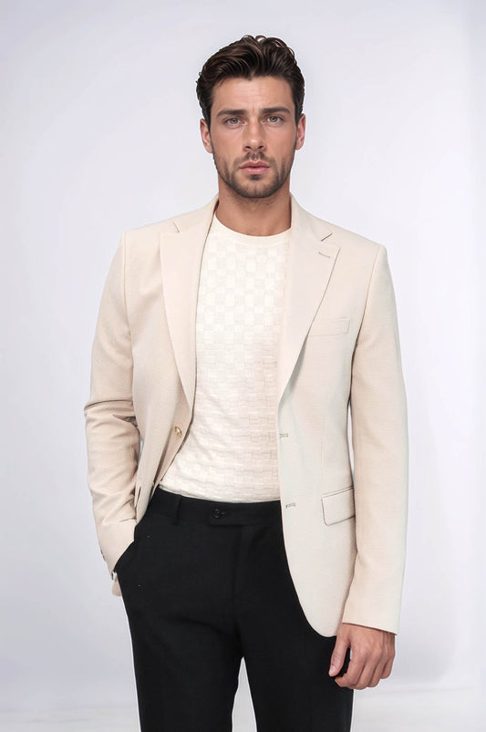 Beige Textured Gold Metal Button Slim Fit Men's Blazer Jacket